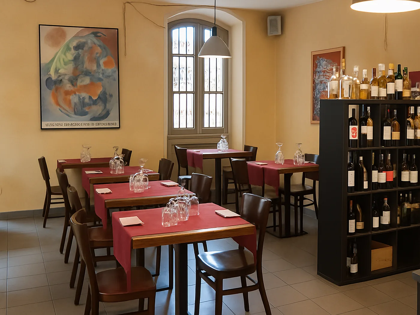 La sala interna di Al Prato con i tavoli apparecchiati e la cantina dei vini