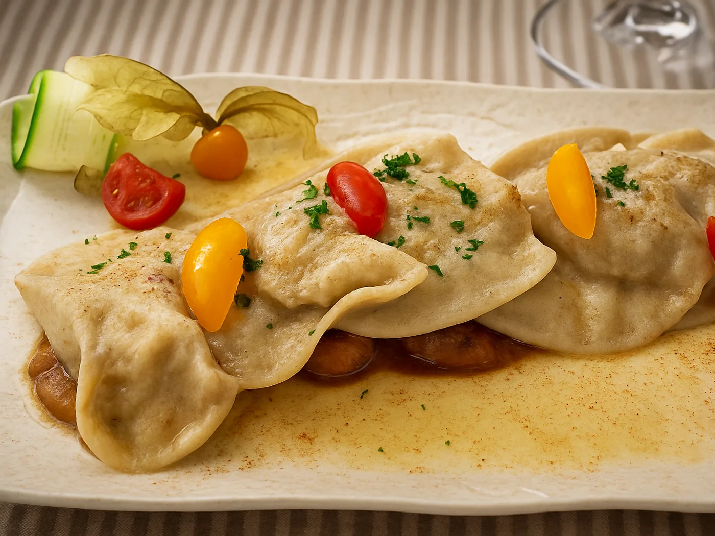 Ravioli di polenta taragna e funghi porcini con pomodorini