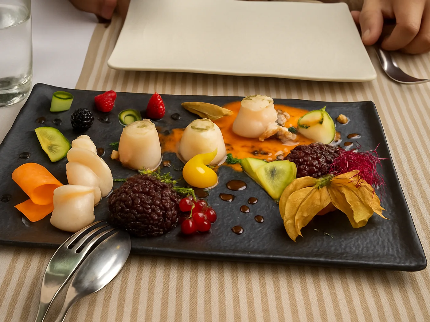 Capesante con riso venere e frutta fresca su piatto di ardesia