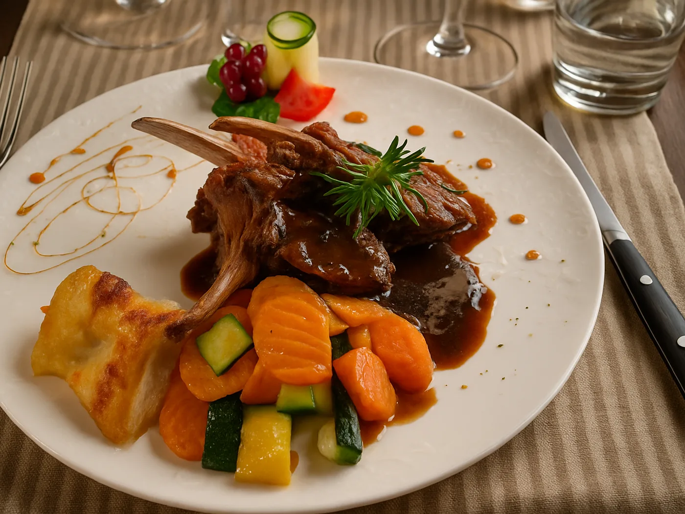 Costolette d'agnello con verdure di stagione e patate gratinate