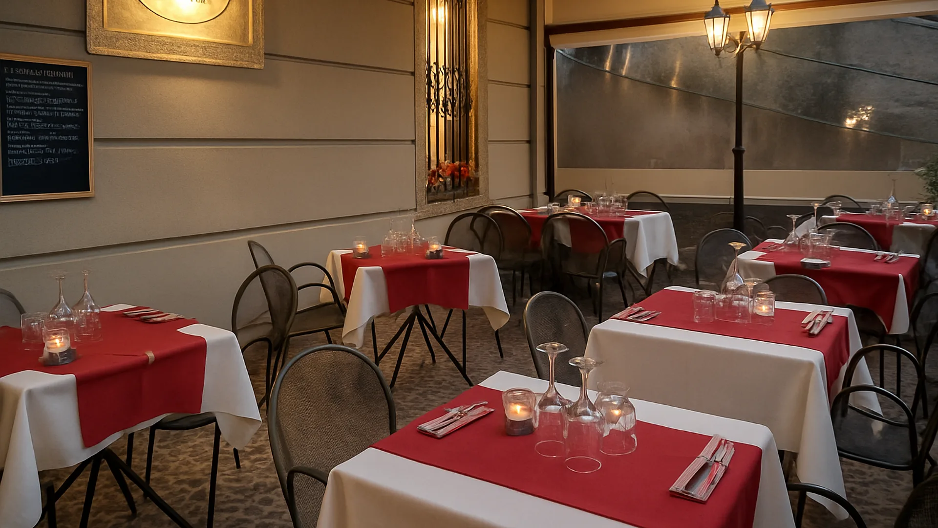Al Prato, la terrazza con i tavoli rossi nella piazzetta di Varenna